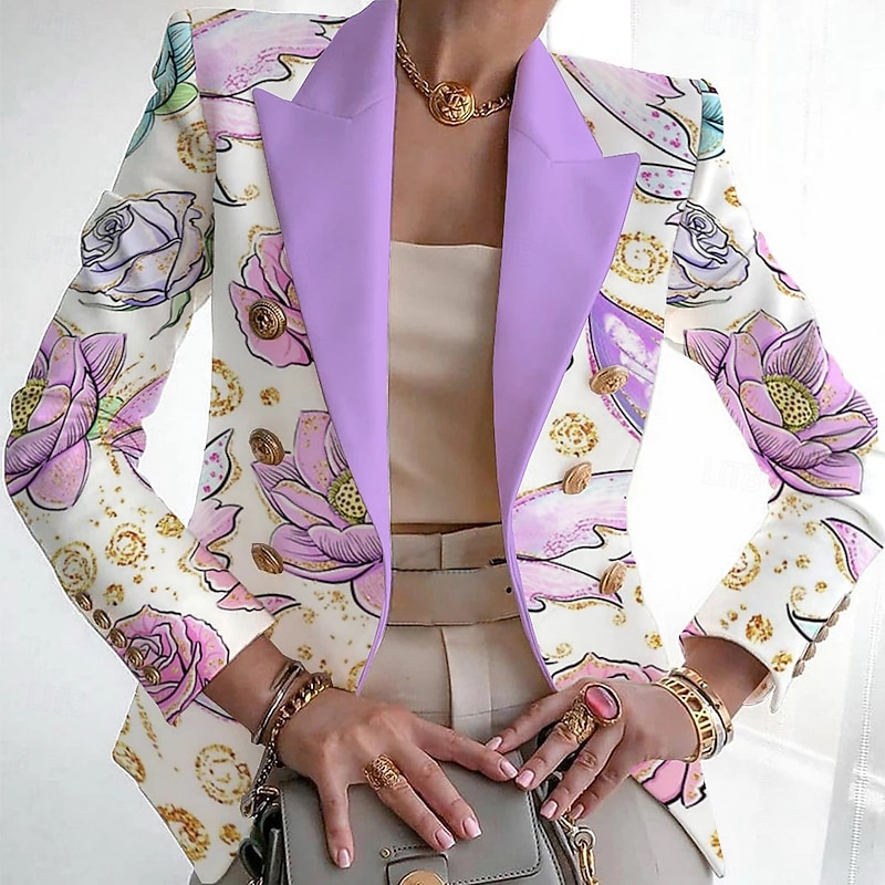Women's Blazer Comfortable Breathable Print Fashion Casual Leaf Work Office / Career Casual Double Breasted Regular Turndown Regular Fit Long Sleeve Outerwear White Pink Light Purple Summer2