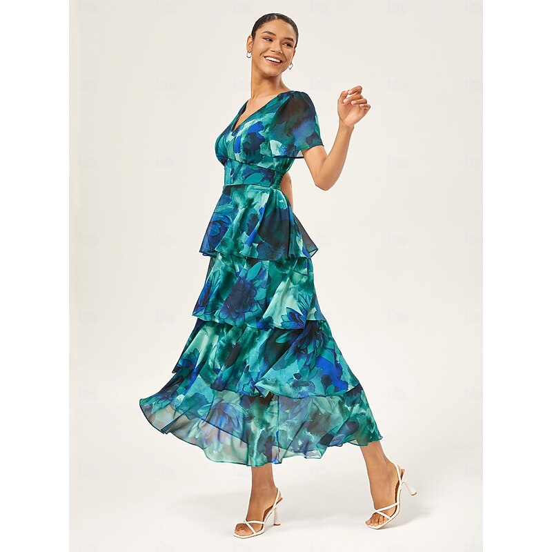 Women's Wedding Guest Party Maxi Chiffon Dress V Neck Flowy Multicolor Floral Print Dark Green Vintage Elegant A Line Tiered Ruffle Cake Skirt Waist Slim Fit Elastic Back Dress3