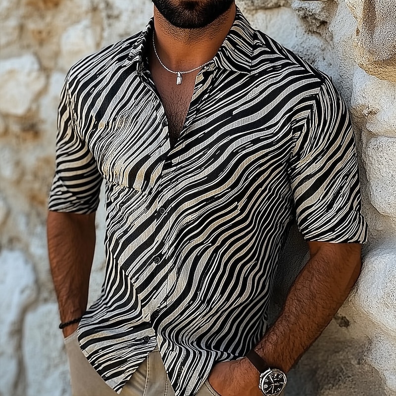 Men's Geometric Striped Waves Shirt Button Up Shirt Casual Dress Shirt Long Sleeve Fashion Casual Formal Vacation Dailywear Summer Spring Turndown 3D Print Collared Shirts Black Black+White2