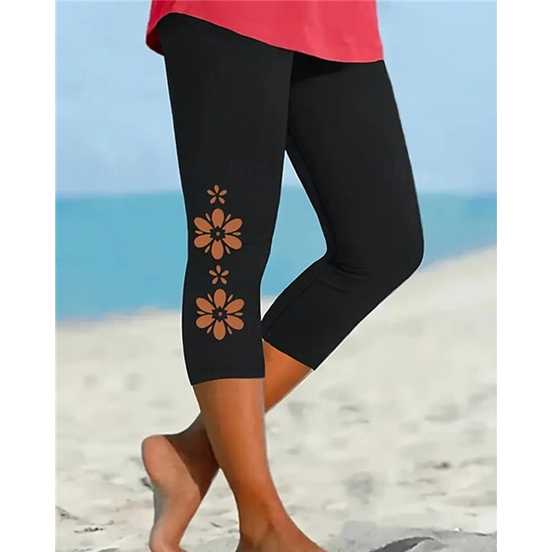 Women's Leggings Anti Chafing Shorts Cozy Leggings Fashion Streetwear Calf-Length Natural Flower Elastic Waist Comfortable Breathable Stretchy Daily Wear Festival Black 1# Black 2# Black White Summer