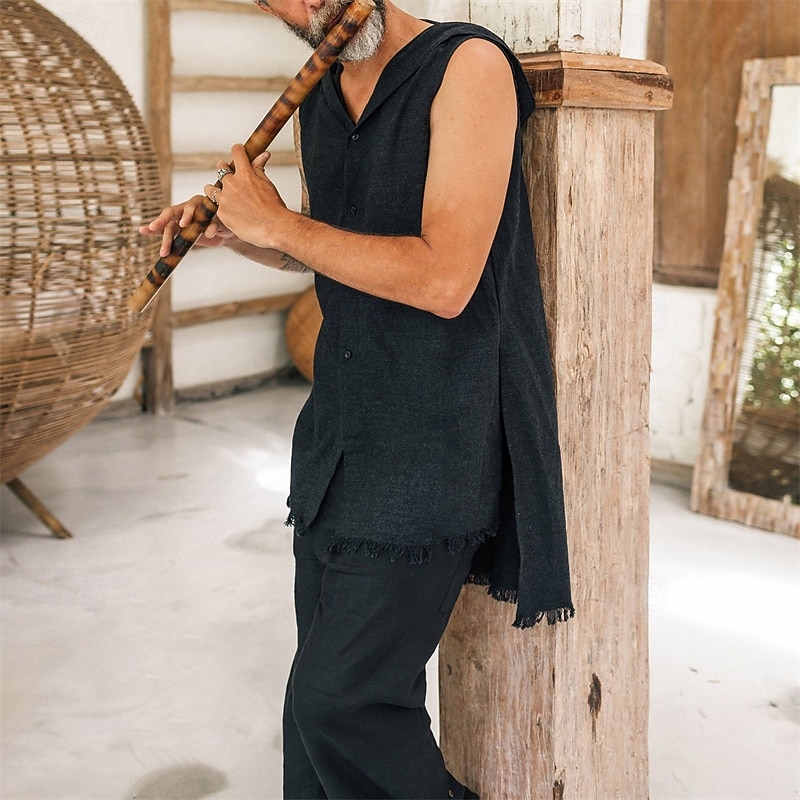 Men's Tank Top Vest Top Undershirt Sleeveless Shirt Sleeveless Hooded Summer Plain Fashion Designer Basic Buttons Vacation Street Going out Black Beige Top Tee for Men4