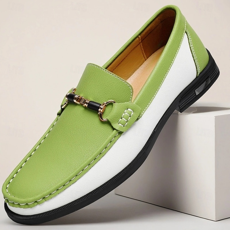Men's Green and White Faux Leather Moccasin Loafers Fashion Slip-On Driving Shoes for Casual Wear and Spring Outfits