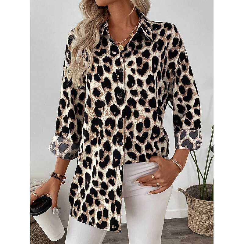Women's Shirt Button Down Tunic Shirt Collar Long Sleeve Graphic Leopard Vintage Daily Stylish Regular Tops Daily Holiday s Print Brown Spring