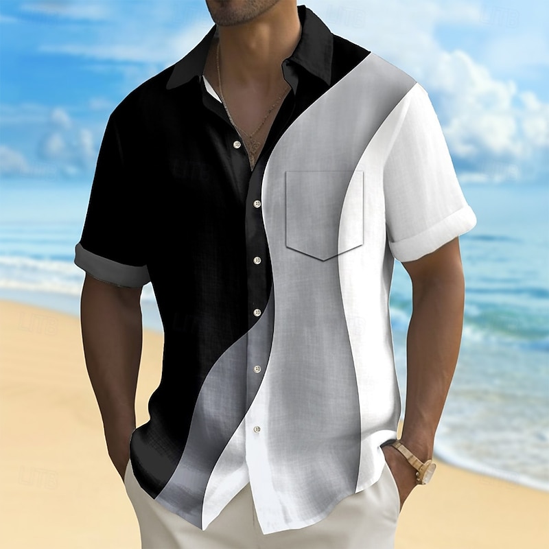 Men's Geometric Marble Abstract Art Shirt Summer Shirt Button Up Shirt Short Sleeve Fashion Casual Outdoor Vacation Dailywear Summer Spring Turndown 3D Print Collared Shirts Front One Pocket Black