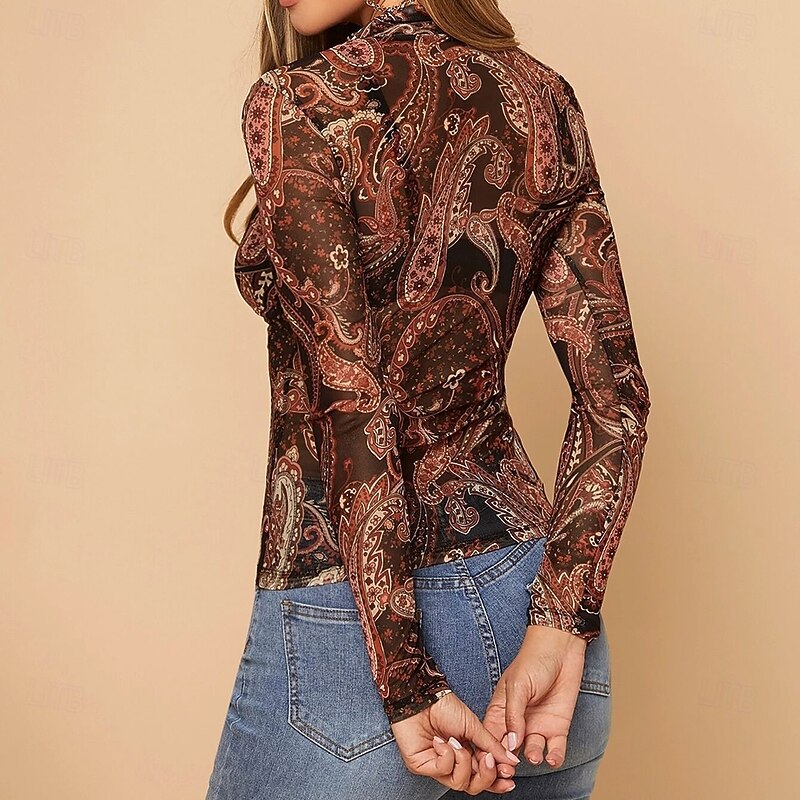 Women's Boho Shirt Blouse Paisley Daily Stylish Long Sleeve Crew Neck Regular Tops Daily Holiday Print Brown Summer Spring3