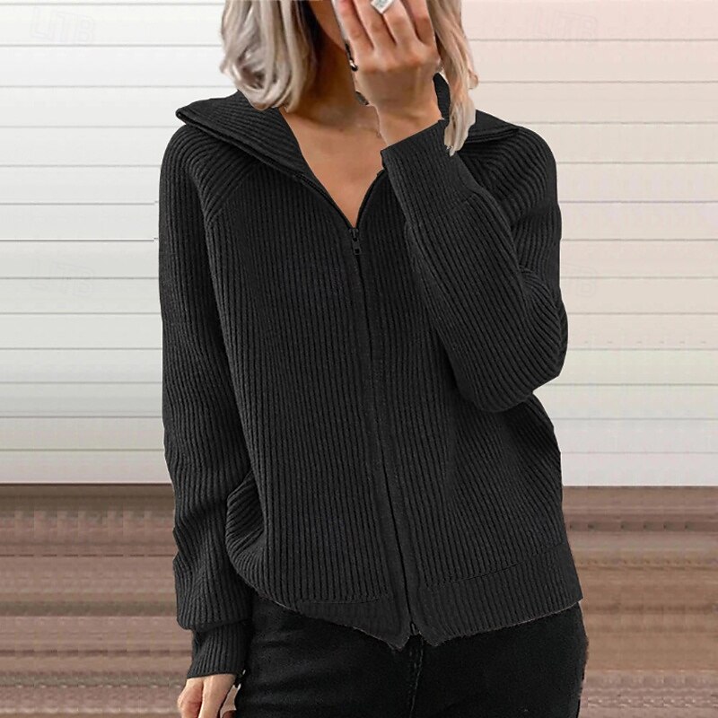 Women's Cardigan Fashion Solid Color Ribbed Shirt Collar Zipper Knitted Long Sleeve Regular Tops Knit Outdoor Daily Holiday Black Green Fall3