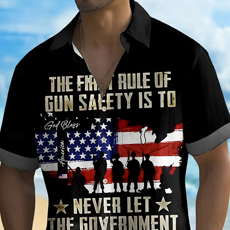 Independence Day Men's US Flag Veterans Patriotic Shirt Summer Shirt Button Up Shirt Short Sleeve Fashion Casual Holiday Summer Spring Turndown 3D Print Collared Shirts Front One Pocket Black2