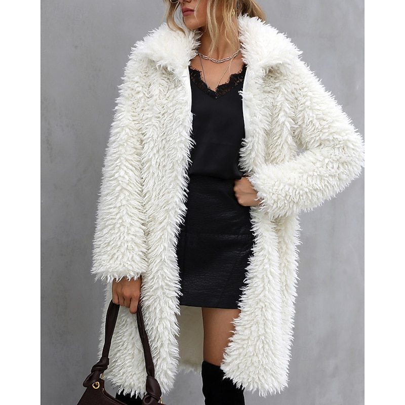 Women's Coat Warm Comfortable Fur Collar Fashion Plain Vacation Holiday Going out Open Front Long Turndown Regular Fit Long Sleeve Outerwear White Fall Winter