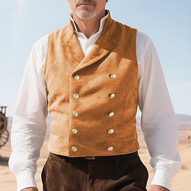 Men's Faux Suede Vest Vest Waistcoat Gilet Vacation Party Business Vintage Spring Fall Pocket Buttons Polyester Comfortable Solid Color Double Breasted Lapel Regular Fit Black Light Brown Blue Rose3