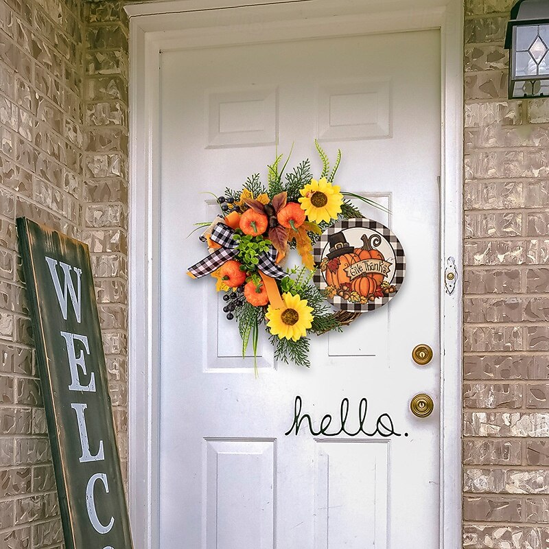 Fall Wreath for Front Door Thanksgiving Harvest Indoor Outdoor Decoration, Pumpkin Maple Leaf Hanging Garland for Autumn Porch or Wall Decor2