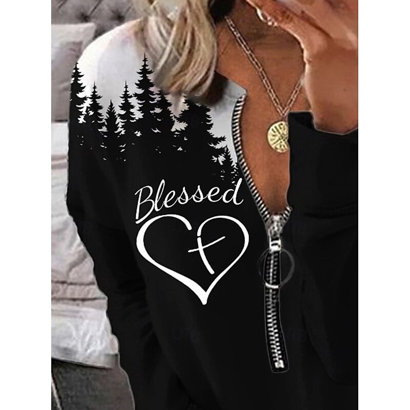 Women's Blouse Heart Daily Stylish Long Sleeve Crew Neck Regular Tops Daily Going out Print Quarter Zip Black Spring Fall3