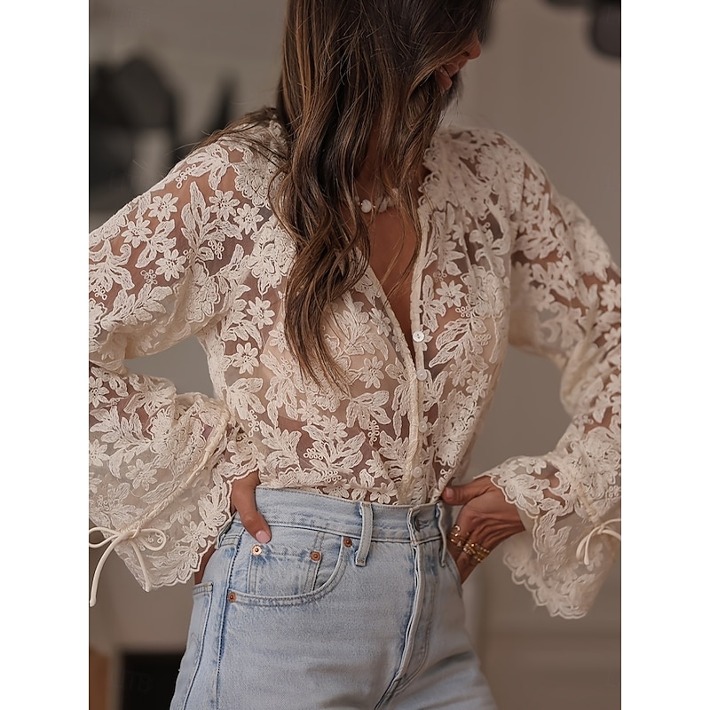 Women's Lace Splicing Top Solid Color Stylish Casual Long Sleeve V Neck Regular Tops Daily Lace Patchwork Beige Summer Spring