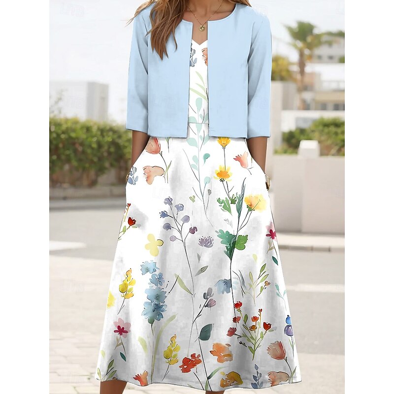 Women's Two Piece Dress Sets Midi Dress with Jacket Elegant A Line Dress Half Sleeve Party Cocktail Floral Print V Neck Wedding Guest Daily Sky Blue Green Dark Blue Regular Fit2