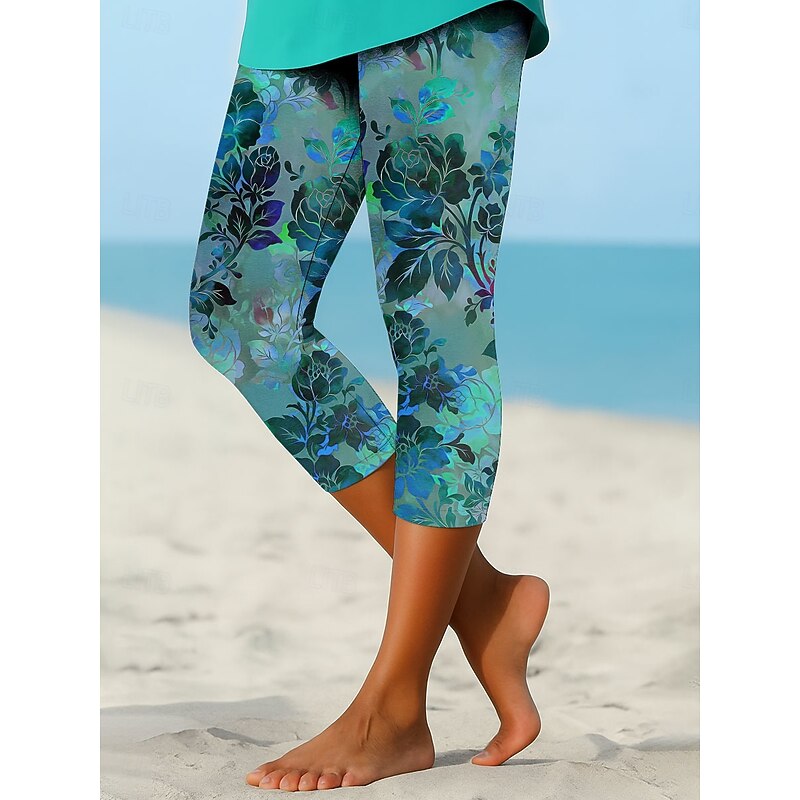 Women's Leggings Capri Pants High Elasticity Vacation Vintage Fashion Calf-Length High Waist Floral Graphic Printing Breathable Soft Stretchy Formal Vacation Office Gray Green Black Summer Spring