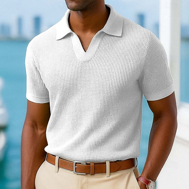 Men's Waffle Polo Shirts Polo Shirts Vacation Casual V Neck Ribbed Polo Collar Short Sleeve Fashion Basic Plain Textured Buttons Soft Summer Spring Regular Fit Camel Black White Blue Green Grey3