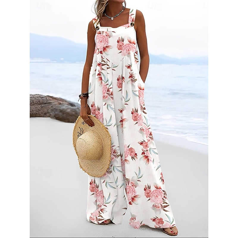 Women's Dungarees Active Floral Sleeveless Wide Leg Pocket Vacation Street Loose Fit Pink Army Green Red Summer2
