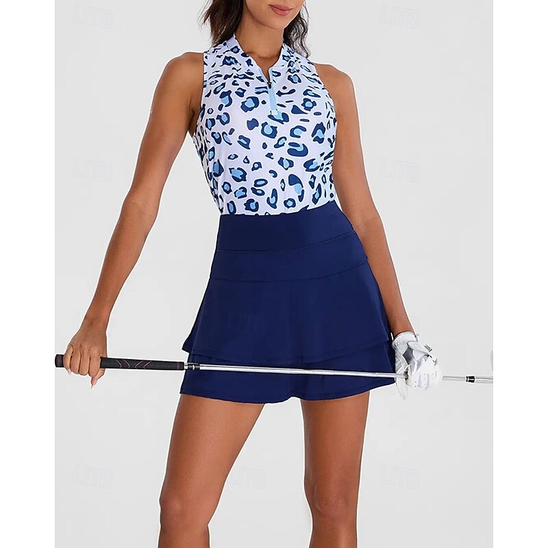 Women's Graphic Leopard Sport Shirt Golf Polo Shirt Tennis Shirt Sleeveless Zipper High Elasticity Moisture Wicking Breathable Tennis Golf Pickleball Turndown Zip Collar Shirt Top White Pink Blue4