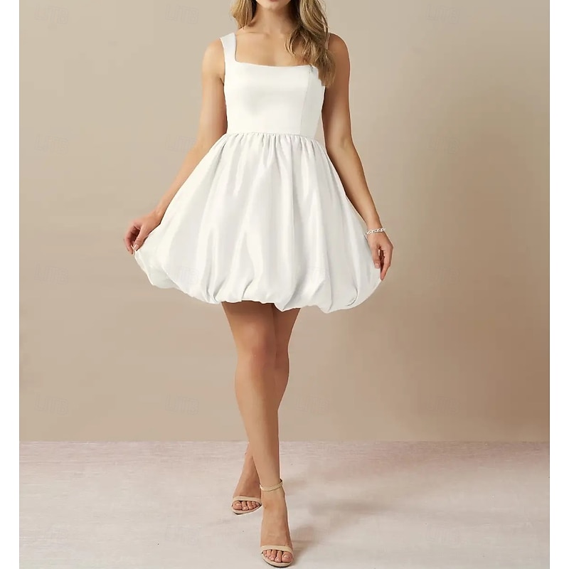 Engagement Little White Dresses Wedding Dresses A-Line Square Neck Sleeveless Short / Mini Taffeta Bridal Gowns With Pleats