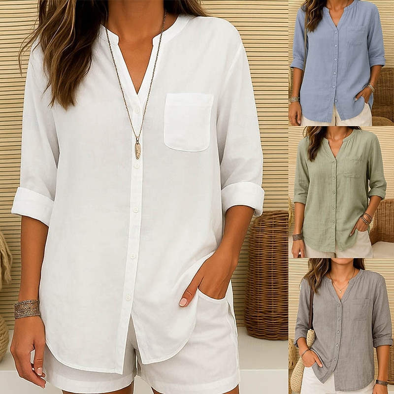 Women's Cotton Linen Shirt  Plain Vintage Long Sleeve V Neck Regular Tops Daily Weekend Vacation Wear Pink purple White Navy Blue Blue Orange Summer Spring