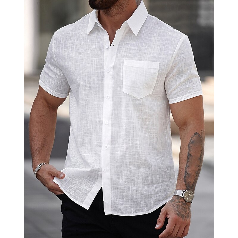 Men's Shirt Linen Shirt Casual Shirt Button Up Shirt Cotton Shirt Plain Vacation Street White Short Sleeve Turndown Summer Clothing Apparel Pocket4