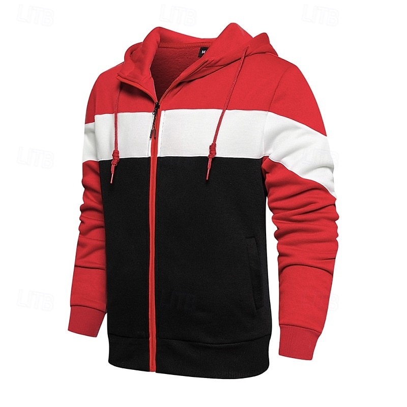 Men's Hoodie White Red Blue Khaki Hooded Color Block Zip Up Color Block Front Pocket Sports & Outdoor Casual Daily Streetwear Cool Sportswear Fall & Winter Clothing Apparel Hoodies Sweatshirts  Short3