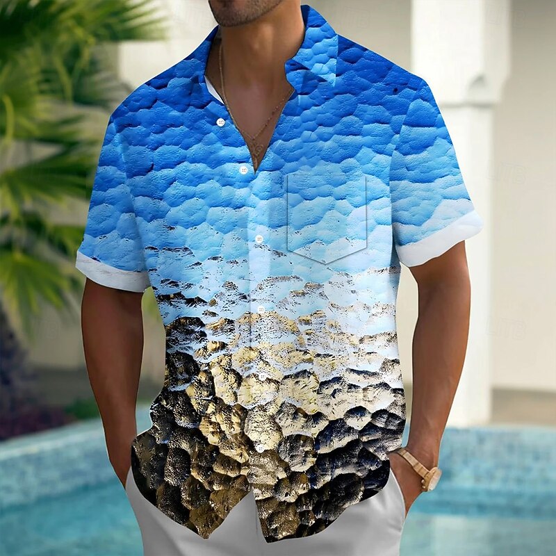 Men's Gradient Ocean Rock Shirt Summer Shirt Button Up Shirt Short Sleeve Fashion Casual Outdoor Vacation Dailywear Summer Spring Turndown 3D Print Collared Shirts Front One Pocket Blue