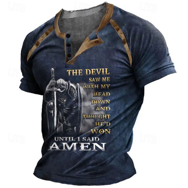 Men's Halloween Graphic Color Block Knights Templar Henley Shirt Tee Short Sleeve 3D Print Vintage Fashion Designer Outdoor Casual Daily Summer Black Brown Green Dark Blue Henley Henley T-Shirt2