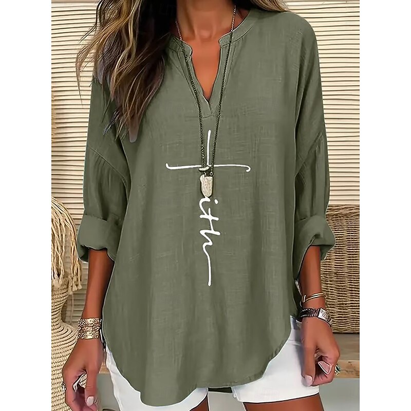 Women's Blouse Tunic V Neck Long Sleeve Boho Casual Tops Graphic Letter Elegant Vintage Tropical Regular Tops Daily Print Black Blue Purple Green Beige Fall3