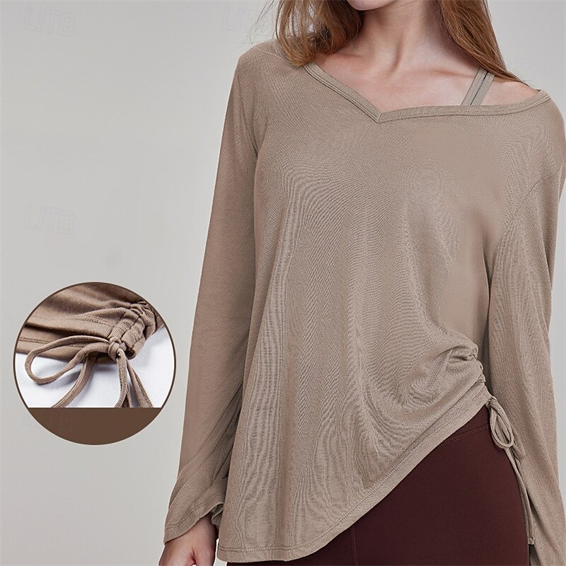 Women's Sports shirts V-neckline Skin Friendly Softness Breathable Loose Long Sleeve Sports Solid Color Top For Pilates Dance Yoga Activewear