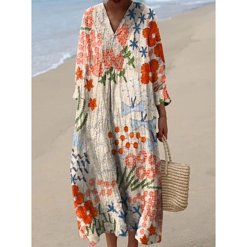 Women's Midi Dress V Neck Long Sleeve Kaftan Lightweight Loose Fit A Line Dress Casual Boho Party Going out Floral Graphic Long Sleeve V Neck Gray Green Pink Purple off-white2