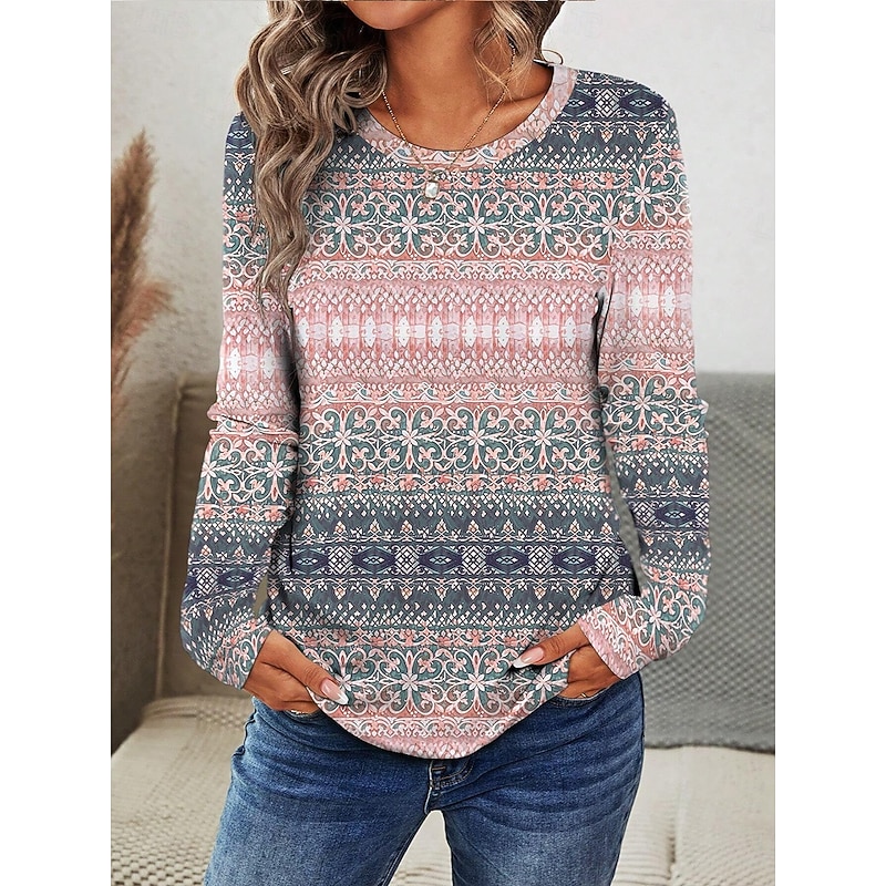 Women's T shirt Long Sleeve Crew Neck Long Sleeve Tunic Graphic Geometric Stylish Casual Trendy Regular Tops Daily Weekend Print Pink Blue  Fall Prefall3
