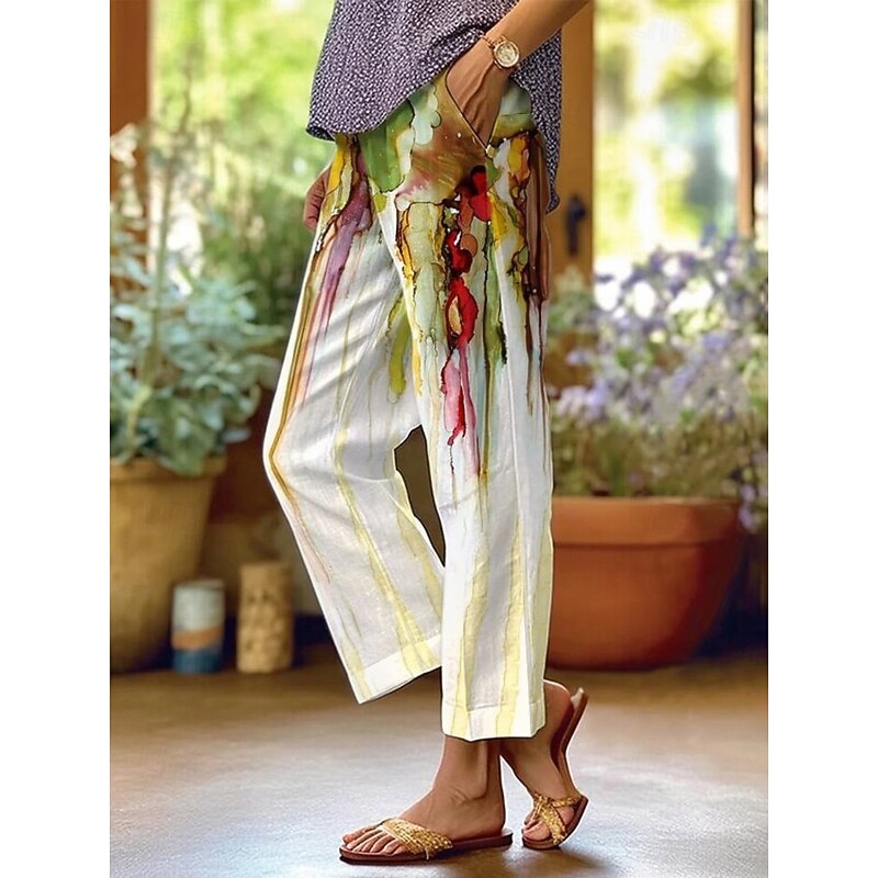 Women's Chinos Vacation Vintage Ethnic Style Full Length High Waist Floral Pocket Soft Outdoor Breathable Micro-elastic Outdoor Vacation Casual White Light Green Red Purple Fall Loose Fit