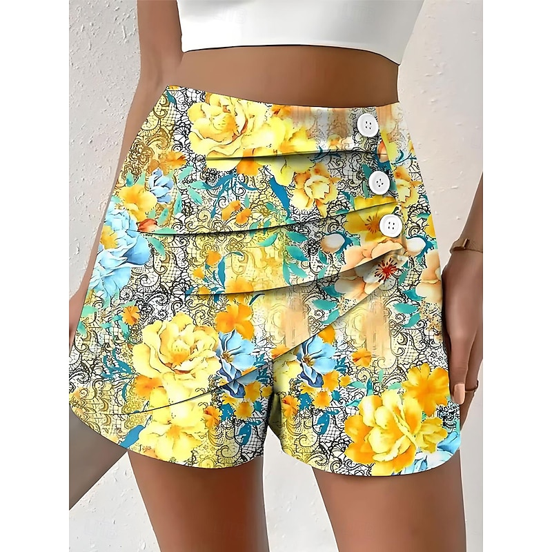 Women's Chinos Shorts Vacation Vintage Ethnic Style Short High Waist Floral Graphic Pleated Micro-elastic Formal Vacation Street White Yellow Pink Red Summer Spring Regular Fit2