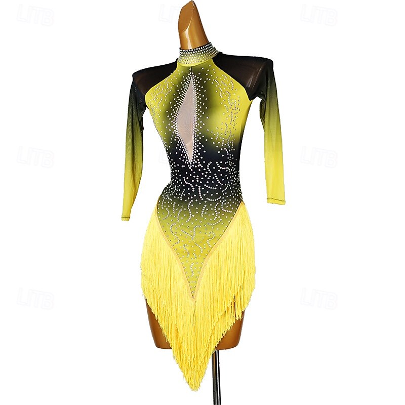 Latin Salsa Dance Dress Tassel Splicing Crystals / Rhinestones Women's Performance Training Long Sleeve Chinlon Mesh Spandex4