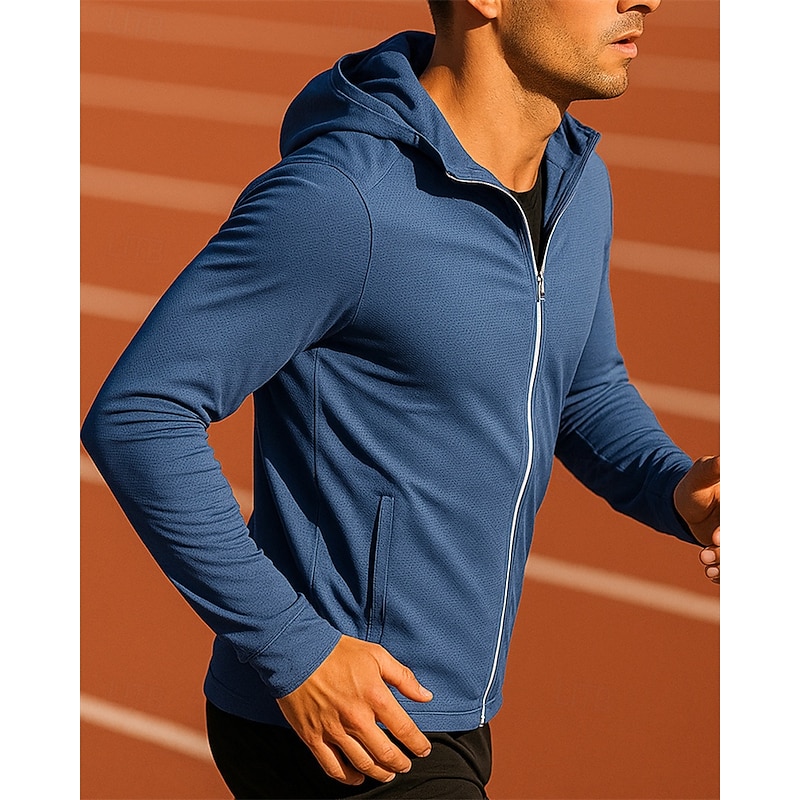 Men's Running Jacket Outdoor Jacket Full Zip Long Sleeve Outerwear Athletic Solid Colored Sun Protection Quick Dry Lightweight UV Cooling Tennis Golf Running Sportswear Activewear Navy Blue Light Blue3