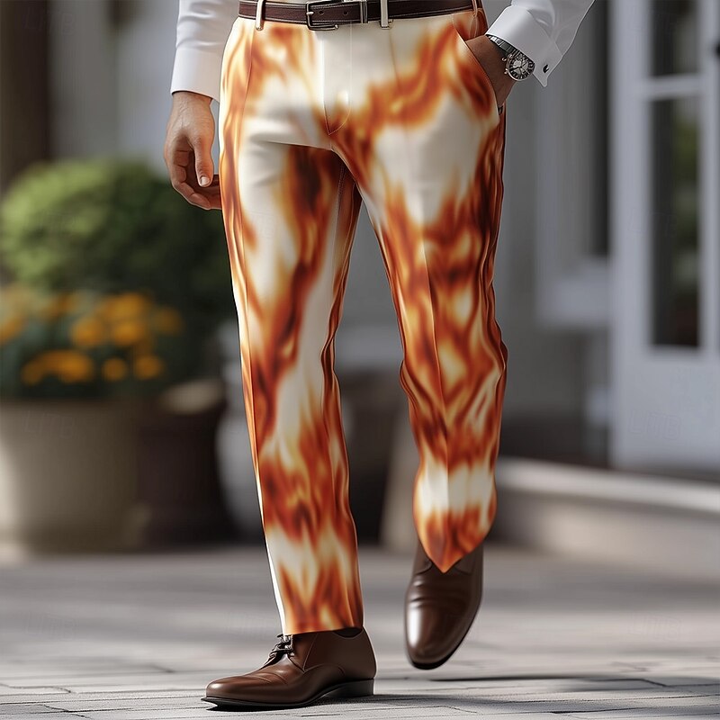 Men's Flame Abstract Art Dress Pants Trousers Suit Pants Mid Waist Casual Outdoor Vacation Regular Fit Flat-Front Straight Leg Pants with Pockets Summer Spring Fall 3D Print Orange