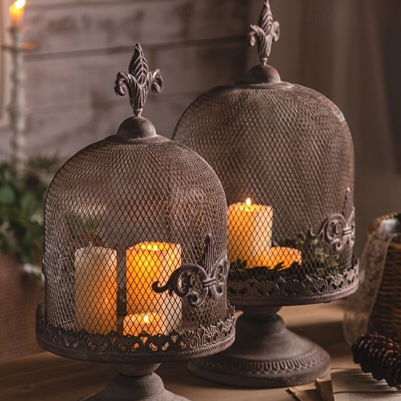 Vintage 1pc Bird Cage Candle Holder  Polished Metal Lantern with Stand Floral Theme Tabletop Decor - Versatile for Christmas Halloween Thanksgiving Valentine's Ramadan Gothic & Victorian Home A