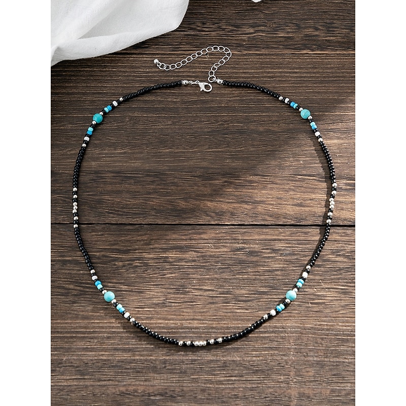 Men's Black and Turquoise Beaded Necklace – Handmade Boho Surfer Style Jewelry for Summer Beach Outfits, Festivals and Casual Wear4