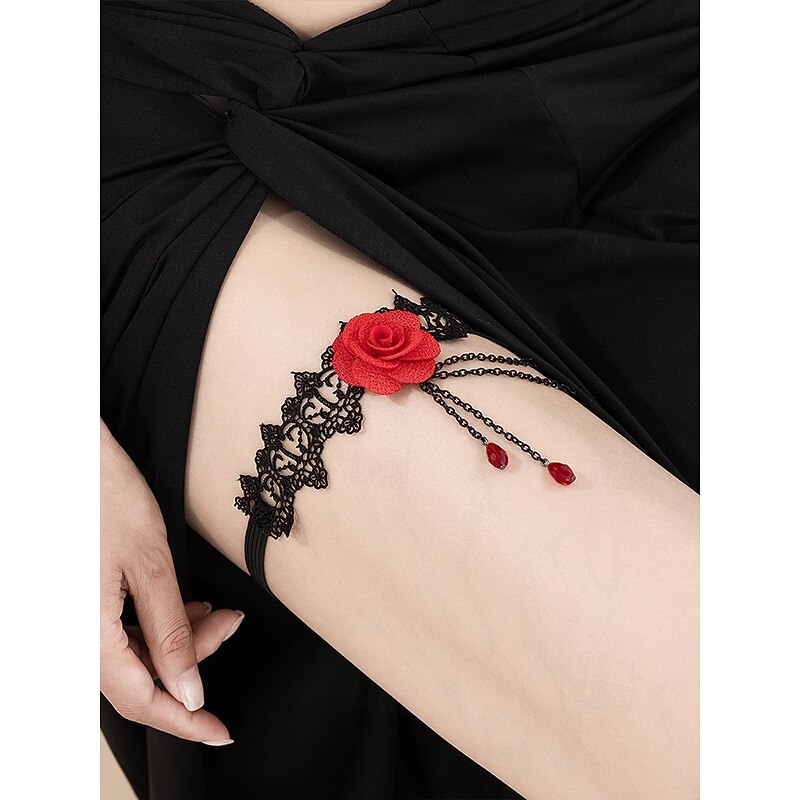Women's Elastic Gothic Lace Rose Garter with Chains and Beads, Stretchy Vintage Thigh Jewelry for Halloween Party and Cosplay2