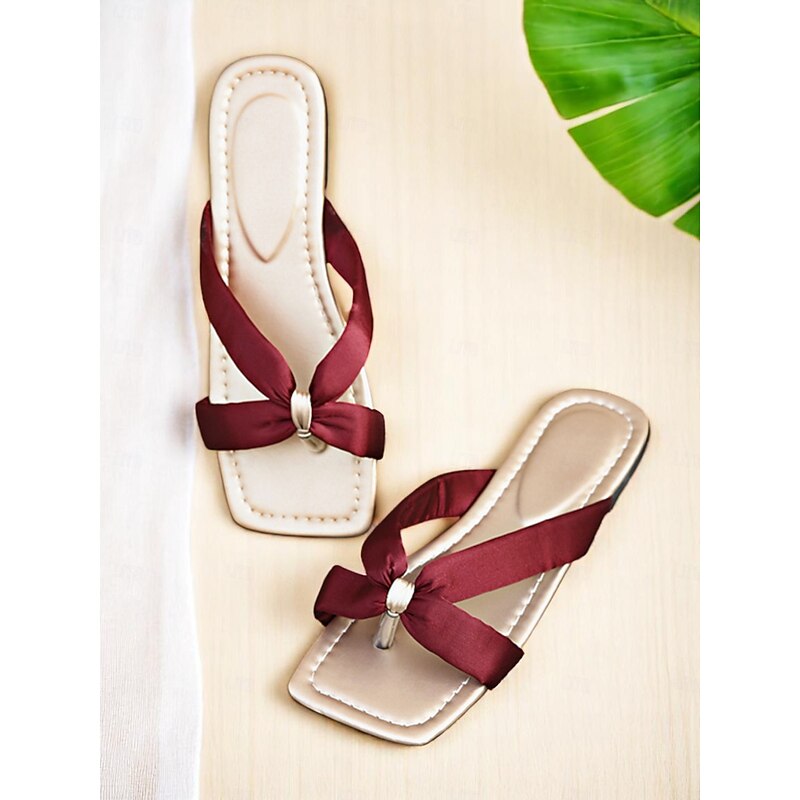 Women's Burgundy Bowknot Satin Strap Flip-Flop Sandals, Square-Toe, Soft Footbed, Casual Chic Style for Daily Wear, Backyard Party, Picnic or Date Outfits3