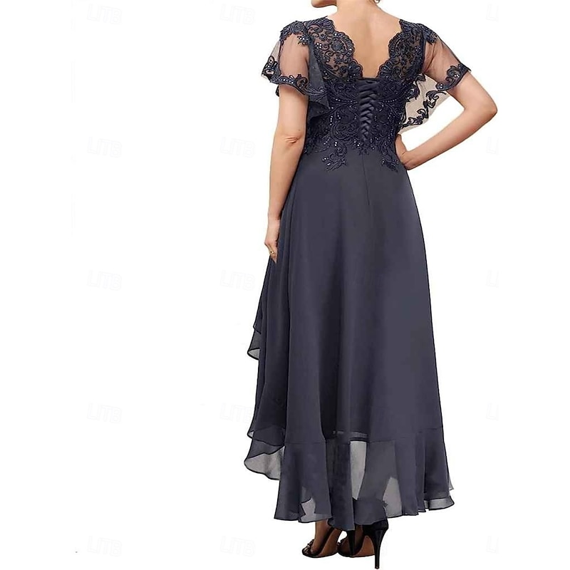 A-Line Mother of the Bride Dress Elegant V Neck Tea Length Chiffon Short Sleeve with Solid Color2
