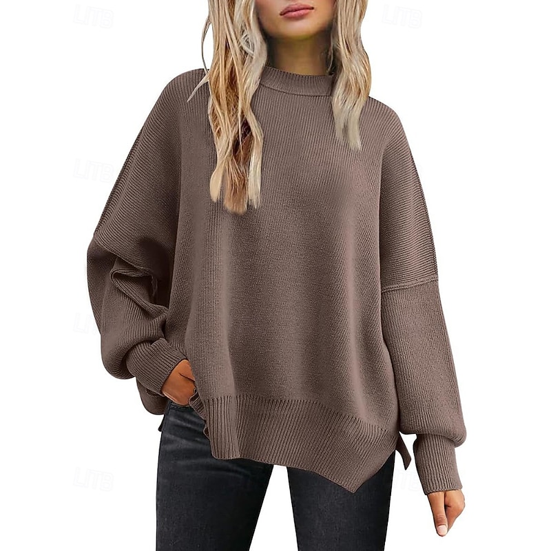 Women's Sweater Pullover Casual Solid Color Ribbed Crew Neck Knitted Long Sleeve Regular Tops Knit Going out Weekend Black White Fall