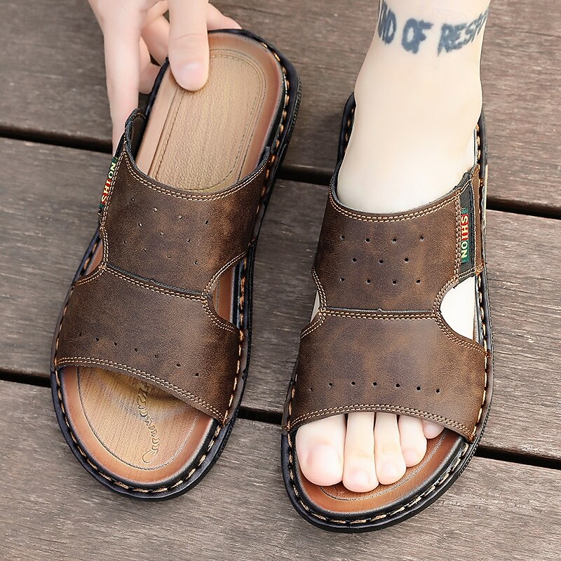 Men's Brown Cutout Slip-On Sandals, Soft Faux Leather Summer Slides for Indoor Comfort, Weekend Errands and Casual Outdoor Use4