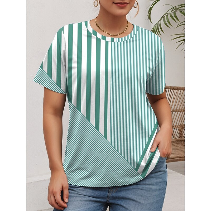 Women's Plus Size Tops T Shirt Graphic Striped Print Short Sleeve Crew Neck Casual Daily Polyester Summer Pink Blue3