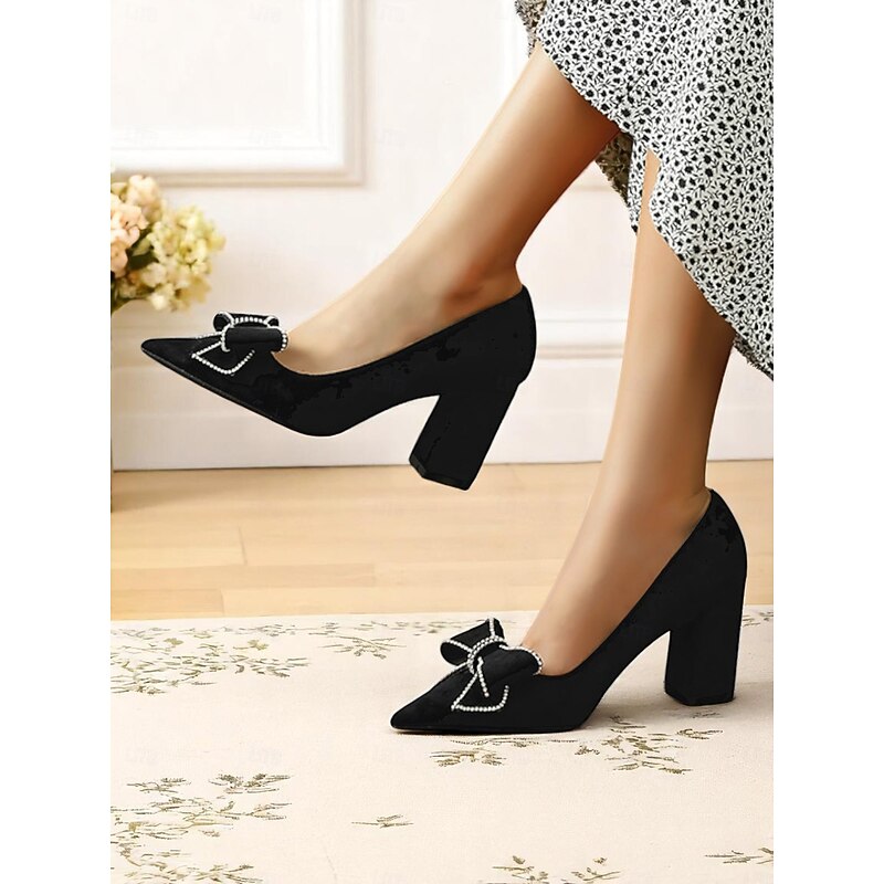 Women's Black Suede Block Heel Pumps, Pointed Toe Slip-On Dress Shoes with Rhinestone Bow, Elegant and Comfortable for Casual Dates and Everyday Outfits2