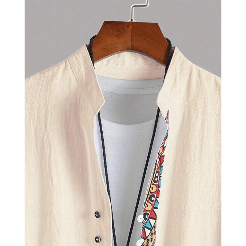 Men's Shirt Linen Shirt Casual Shirt Button Up Shirt Cotton Shirt Color Block Vacation Street Apricot Short Sleeve Band Collar Summer Clothing Apparel Splice3