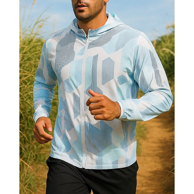 Men's Hoodie Jacket Running Jacket Outdoor Jacket Full Zip Long Sleeve Outerwear Athletic Geometric Windproof Quick Dry Lightweight Breathable Tennis Golf Running Sportswear Activewear Light Blue3