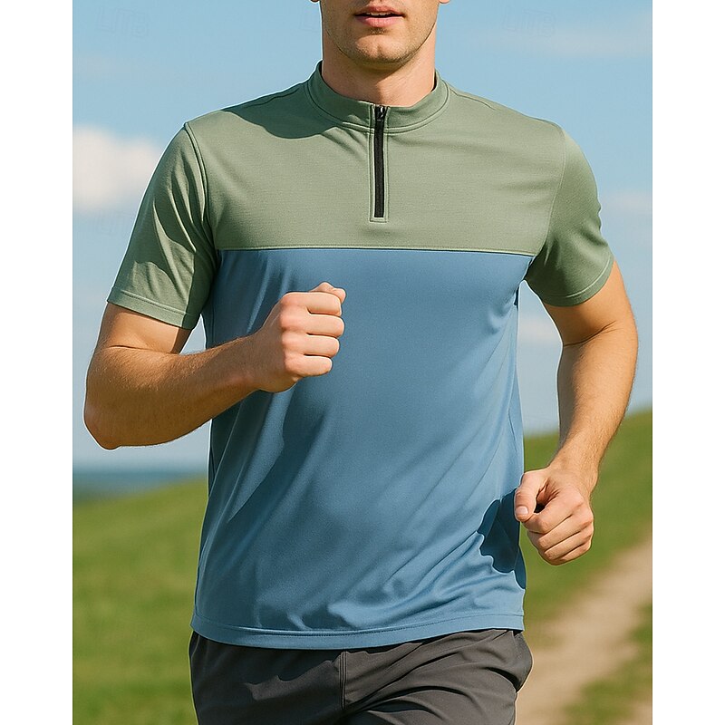 Men's Golf Polo Shirt Running Shirt Tennis Shirt Quarter Zip Short Sleeve Tee Tshirt Color Block Quick Dry Lightweight Elastic Breathable Tennis Golf Running Sportswear Activewear Dark Gray Green4