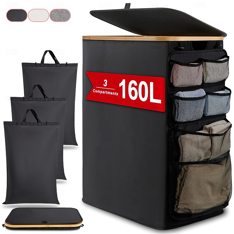 Laundry Hamper with Side Pockets and 3 Inner Bags,140L Large Foldable Recycle Bin Organizer, 600D Oxford Fabric Laundry Basket for Bathroom, Home, Beside Washing Machine