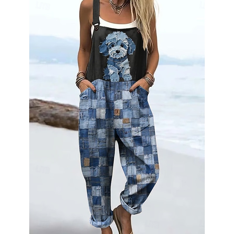 Women's Dungarees Active Graphic Sleeveless Vacation Daily Loose Fit Black White Blue Summer2